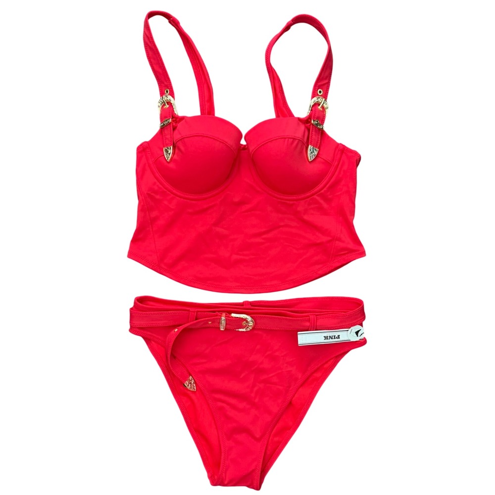 PINK Victoria's Secret Red Western Buckle Bikini Set Small Top XS Bottom NEW